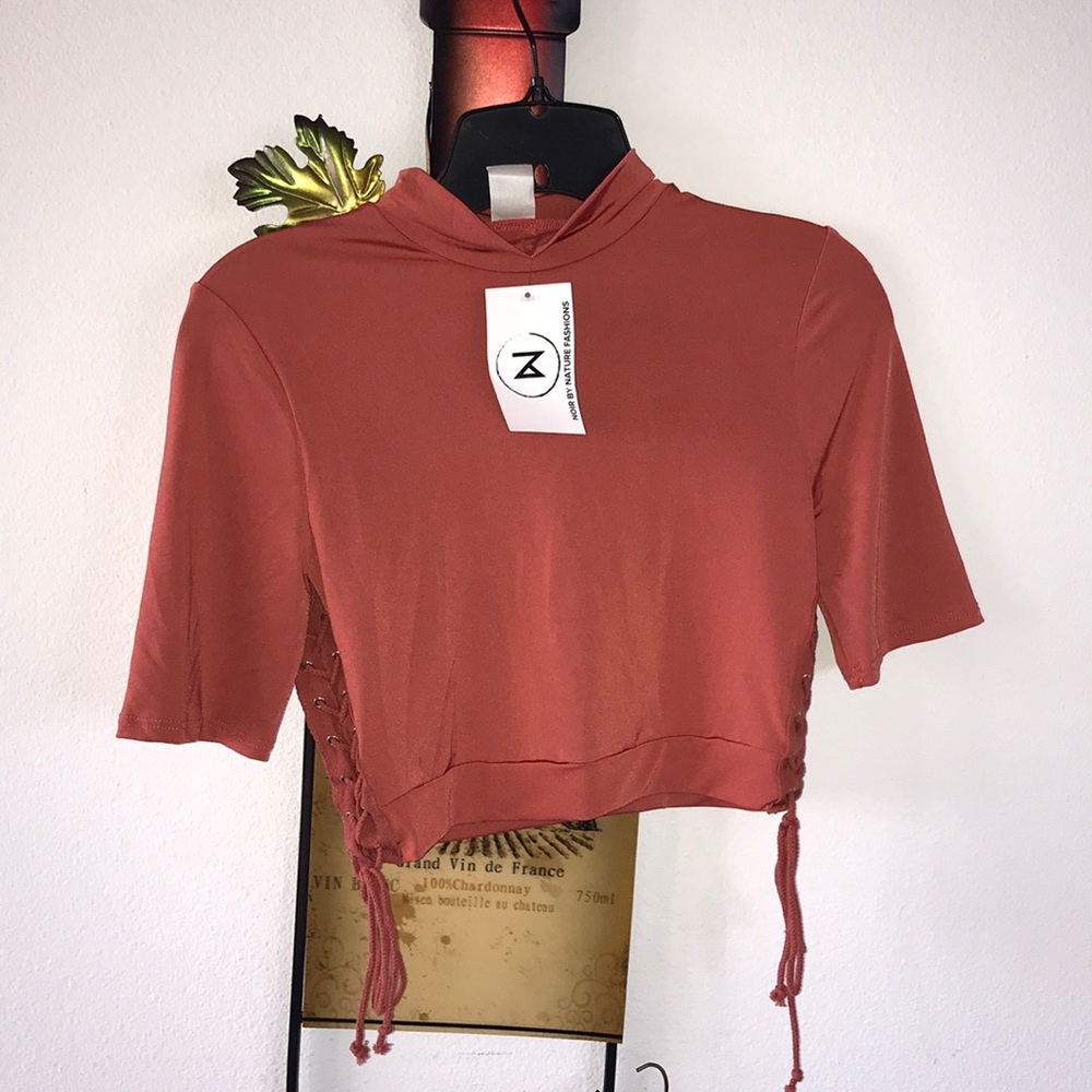Silk Feel Salmon Color Crop Top with Tie Sides